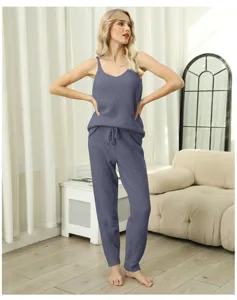 Cozy grey purple fuzzy camisole pajama set indoor scene detail shot for autumn winter homewear.