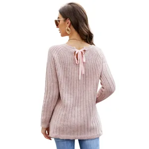 Maglione a costine rosa da donna, pullover a maniche lunghe girocollo con fiocco.