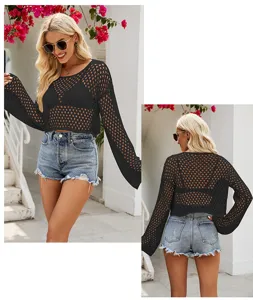 Damen schwarzer Lochstrick Pullover Glockenarm Sommer lässig Crop Top Mode Oberteil