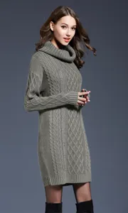 Women grey turtleneck cable knit sweater dress long sleeve cozy winter casual apparel outfit