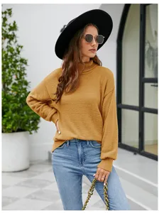 Women High Neck Long Sleeve Knit Sweater Casual Solid Pullover Autumn Winter Fashion