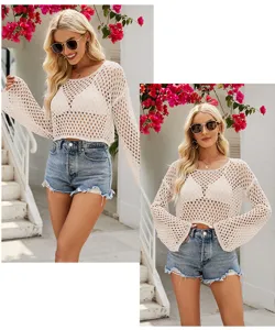 Damen Häkelpullover Crop Strickpullover Langarm Schlagärmel Sommer Strand Pullover Top