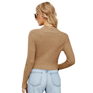 Donna maglione corto in maglia a costine monocolore maniche lunghe top slim cammello vista