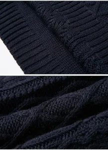 Dark blue knit sweater detail close up, textured cable knit fabric design, autumn winter style