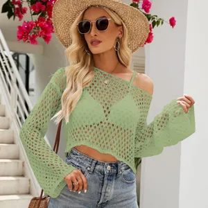 Damen lochmuster strickpullover sommer crop top langarm, grüne häkelpullover bluse