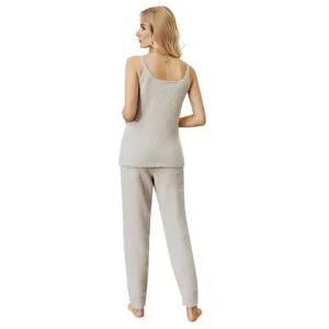 Women fuzzy fleece loungewear set two piece cami top and pants cozy sleepwear back view