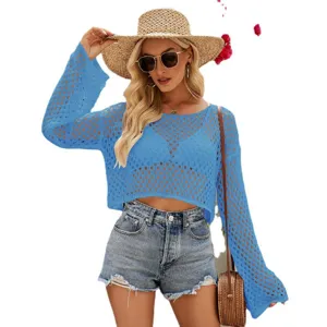 Blauer, gehäkelter Damen Pullover mit langen Trommelärmeln, luftiges Sommer Stricktop.