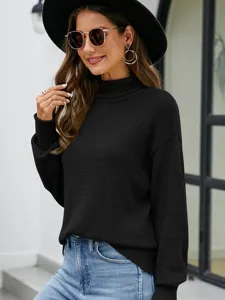 Stylish women's solid black turtleneck knit sweater long sleeve casual pullover