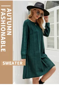 Herfst mode effen kleur lange truijurk ronde hals kabelbreisel casual a-lijn jurk
