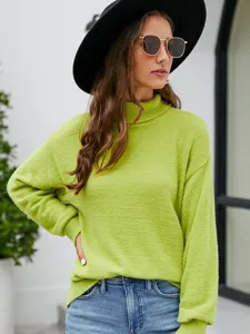 Women solid color high neck long sleeve knitted sweater casual chic pullover fashion top