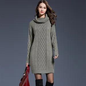 Women's long turtleneck cable knit sweater dress, stylish winter warm pullover outfit.