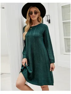 Elegante effen lange dames trui jurk, comfortabele kabelbreisel ronde hals losse a-lijn jurk.