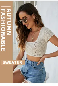 Women knit crop top short sleeve hollow backless sexy summer casual stylish knitted sweater