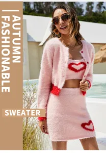 Pink fuzzy knit three-piece sweater set with cute heart pattern for daily fashion wear.