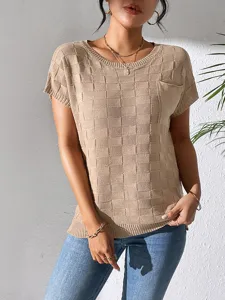 Casual knitted short sleeve top for women, solid color grid texture daily summer wear.