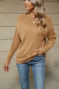 Solid color off shoulder knit sweater for women, comfortable long sleeve casual pullover.