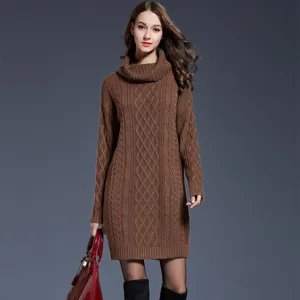 Women winter long turtleneck cable knit sweater dress casual warm oversized pullovers