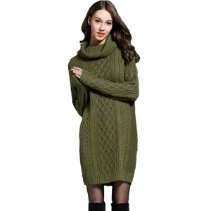 Women long turtleneck cable knit sweater dress winter casual warm pullover knitwear main view