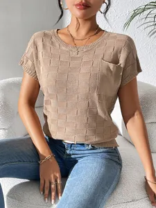 Women short sleeve knit t-shirt casual textured top summer solid color commuter wear