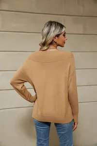 Back view detail of solid color off-shoulder women knit sweater, casual long sleeve pullover.