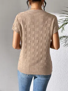 Casual knit short sleeve top for women with chic checkerboard texture for summer daily wear.