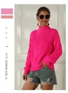 Neonrosa Zopfstrickpullover Detail, lockerer Stehkragen Langarm Pullover für Damen Freizeit.