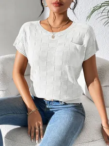 Details of women short sleeve knit t-shirt, casual solid color textured top for daily wear.