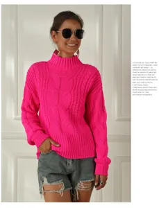 Damen Neonrosa Zopfmuster Stehkragen Langarm Pullover Lässig Locker Oversize Oberteil