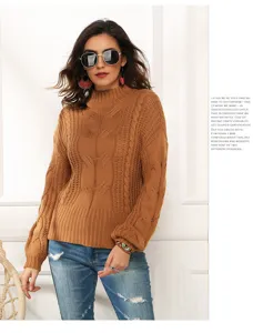 Damen Eleganter Stehkragen Zopfmuster Langarm Pullover Freizeit Winter Oberteil Top