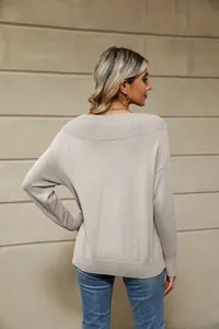 Women's solid color boat neck long sleeve knit sweater basic pullover top for autumn winter.