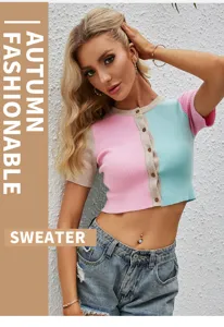 Stilvoller Damen Kurzarm Farblock Strickjacke Crop Top Lässiger Macaron Pullover