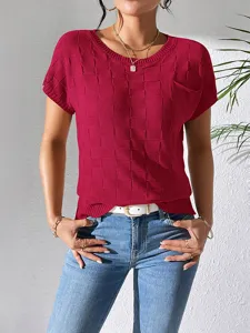 Women casual knit short sleeve t-shirt summer solid color textured pullover top detail view