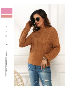 Damen Stehkragen Zopfmuster Pullover Langarm Freizeit Einfarbig Strickpullover Oberteil