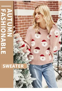 Suéter de punto de invierno para mujer Navidad Papá Noel, top casual de manga larga.