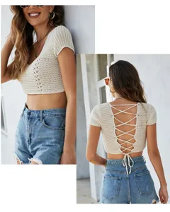 Crochet knit crop top with sexy criss-cross back lace-up detail and short sleeves.