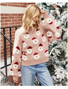 Cálido y elegante jersey de navidad rosa con un bonito diseño festivo de Papá Noel.