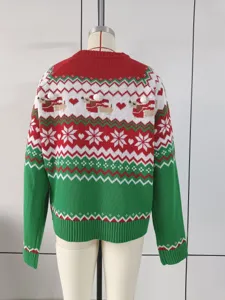 Dames kerst hond jacquard trui, feestelijk rood groen winter pullover ronde hals top.