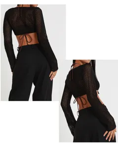 Haut court en tricot filet noir manches longues noue au dos cardigan sexy vue detail.