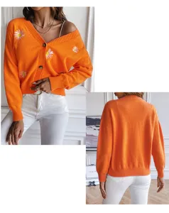 Women's orange V-neck cardigan sweater with cute daisy embroidery, loose knit autumn outerwear.