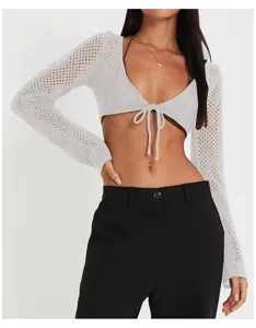Femme blanc manches longues crochet crop top sexy col V nouer devant pull tricot chemisier