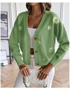 Women green floral embroidered V-neck cardigan sweater, loose knit outerwear for autumn winter.