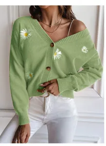 Green V-neck knitted cardigan featuring cute daisy embroidery and buttons for women.