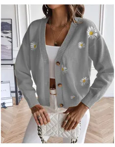 Grey V-neck knitted cardigan sweater for women with cute daisy embroidery, loose autumn style.