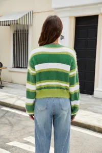 Cardigan Femme Rayé Vert Blanc Casual Col Rond Manches Longues Pull Tricot Haut