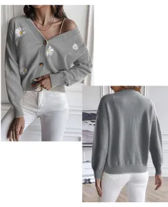 Women sweet daisy embroidered V-neck knit cardigan long sleeve casual sweater autumn winter