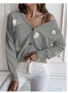 Grey V-neck knit cardigan with cute daisy embroidery, casual long sleeve button-up sweater.