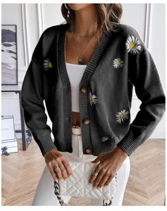 Women casual loose V-neck knit cardigan sweater with cute daisy floral embroidery autumn winter.