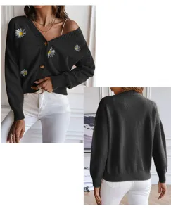 Women black V-neck cardigan sweater with cute daisy embroidery, casual knitwear outerwear.