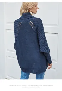 Women's Blue Turtleneck Cable Knit Sweater Loose Batwing Sleeve Pullover Autumn Winter Top