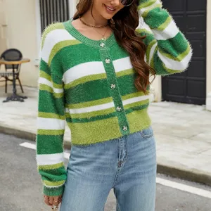 Gilet en Tricot Rayé Vert Décontracté pour Femmes Col Rond Manches Courtes Pull Veste Top